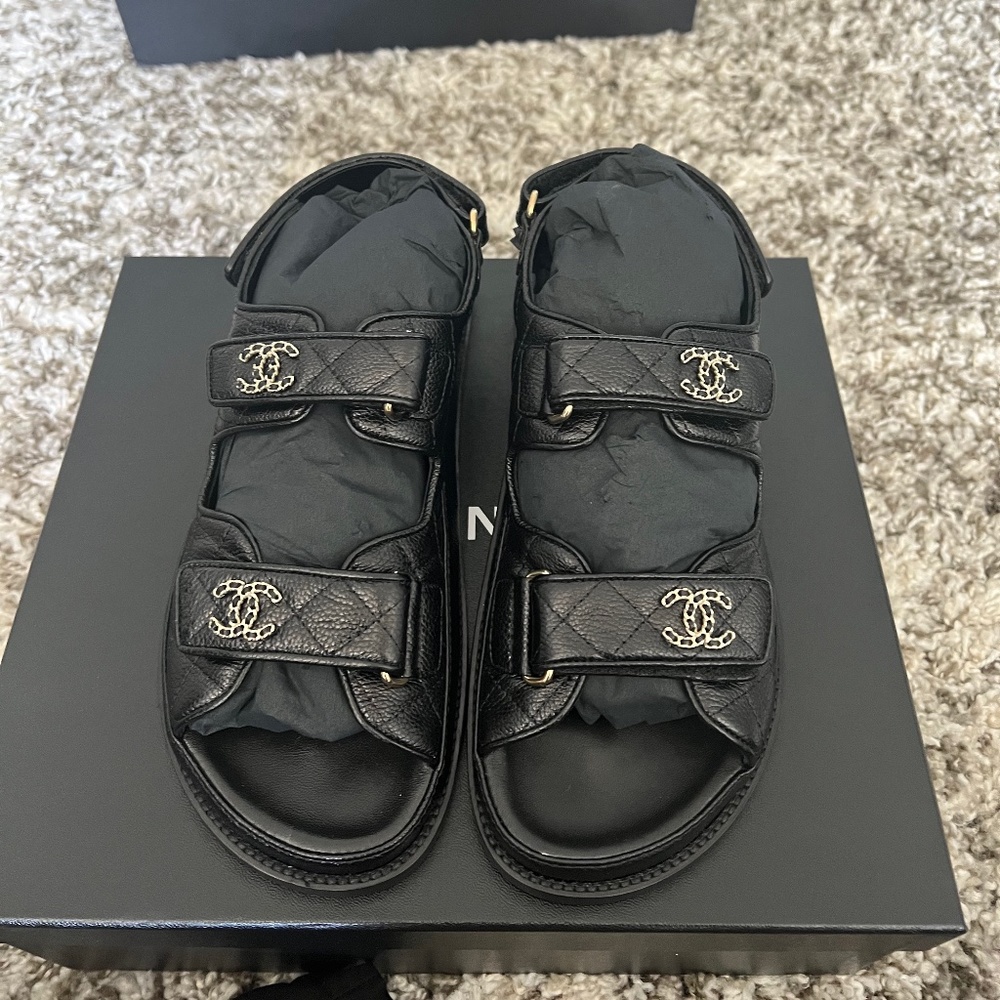 BRAND NEW CHANEL Black Caviar Dad Sandals 39.5 - Original Packaging & Receipts